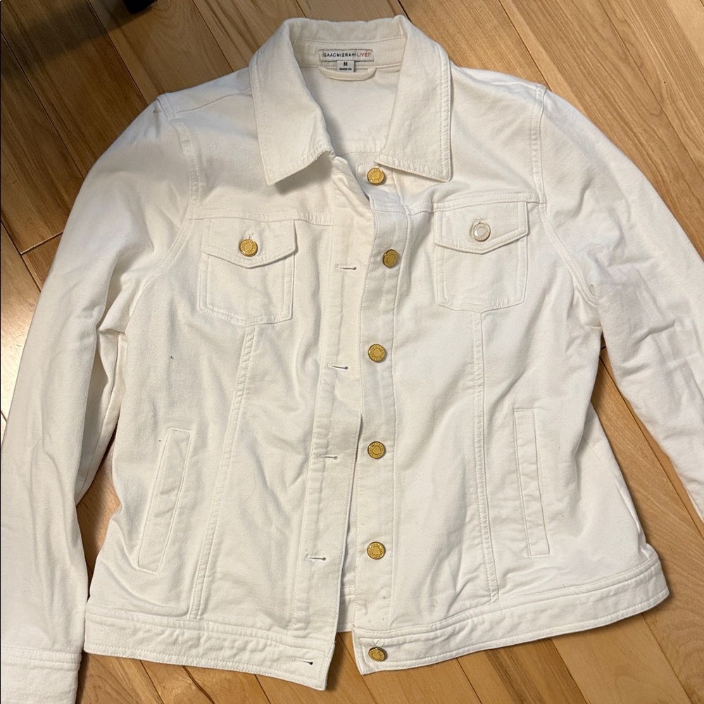 Isaac Mizrahi Cream Jean Jacket with Gold Accents